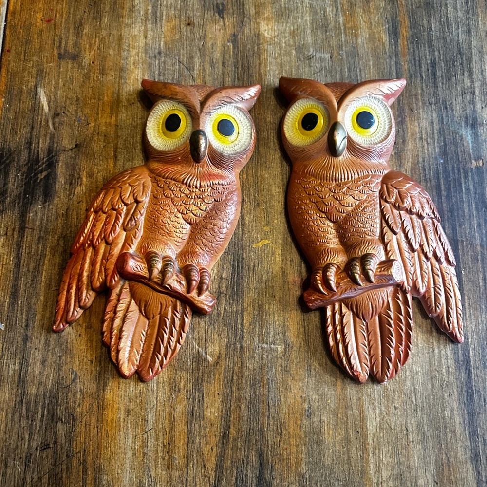 Vintage Chalkware Owl Wall Art Miller Studio Wall Hangings Set of 2 (11” x 5”)
